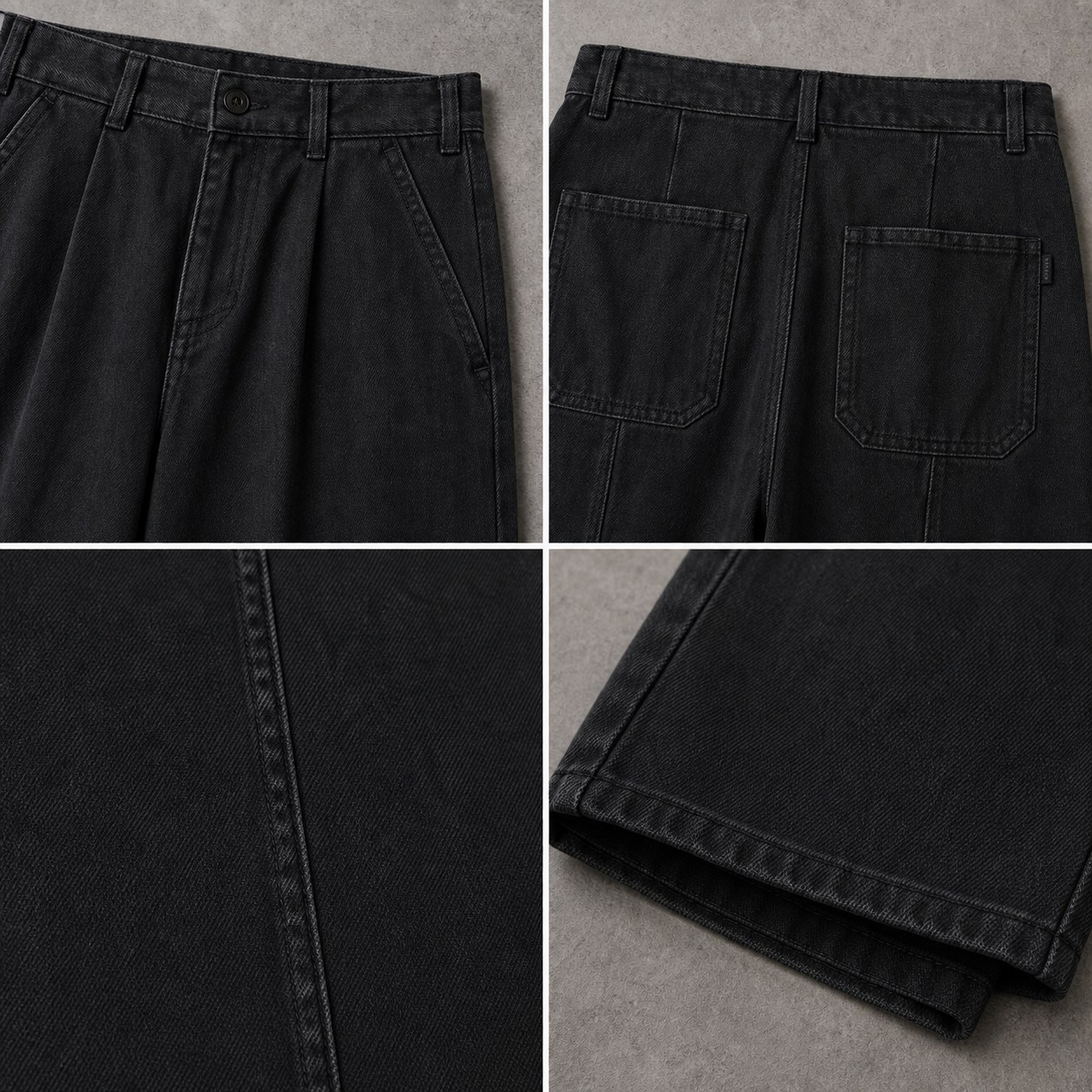 Close digital design detail of the WASHED WIDE COTTON PANTS showing the waistband, front pleat, pocket opening and washed-black cotton texture