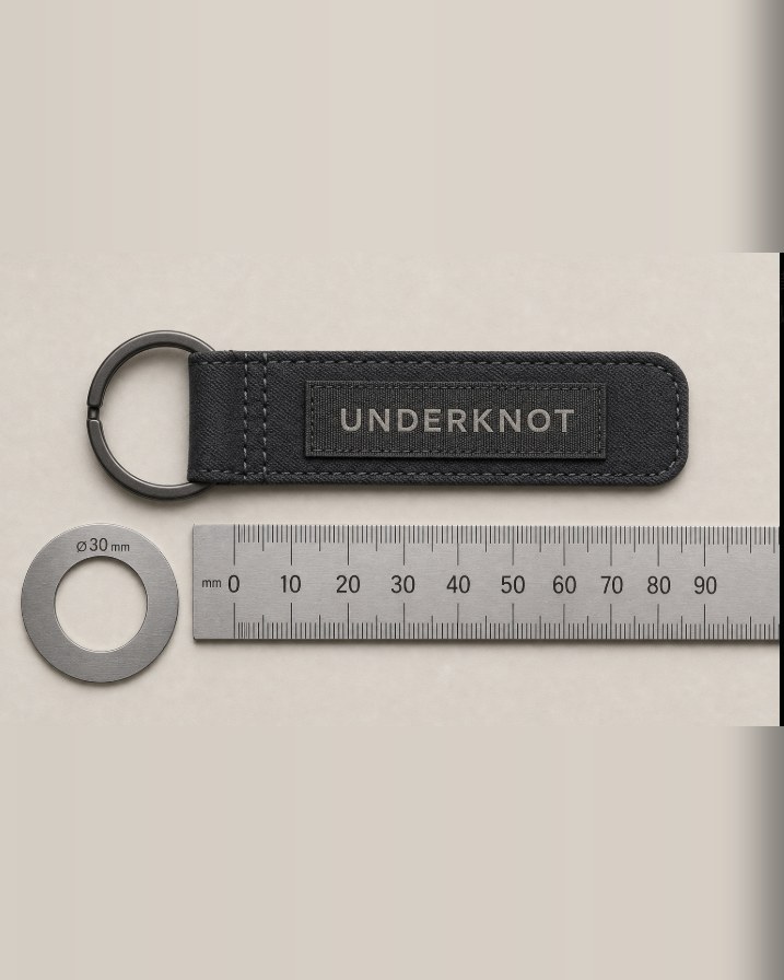 Flat development concept for the UNDERKNOT Woven Label Keyring in charcoal twill fabric with black woven UNDERKNOT label and gunmetal 30 mm split ring beside a steel ruler for scale; final details may change