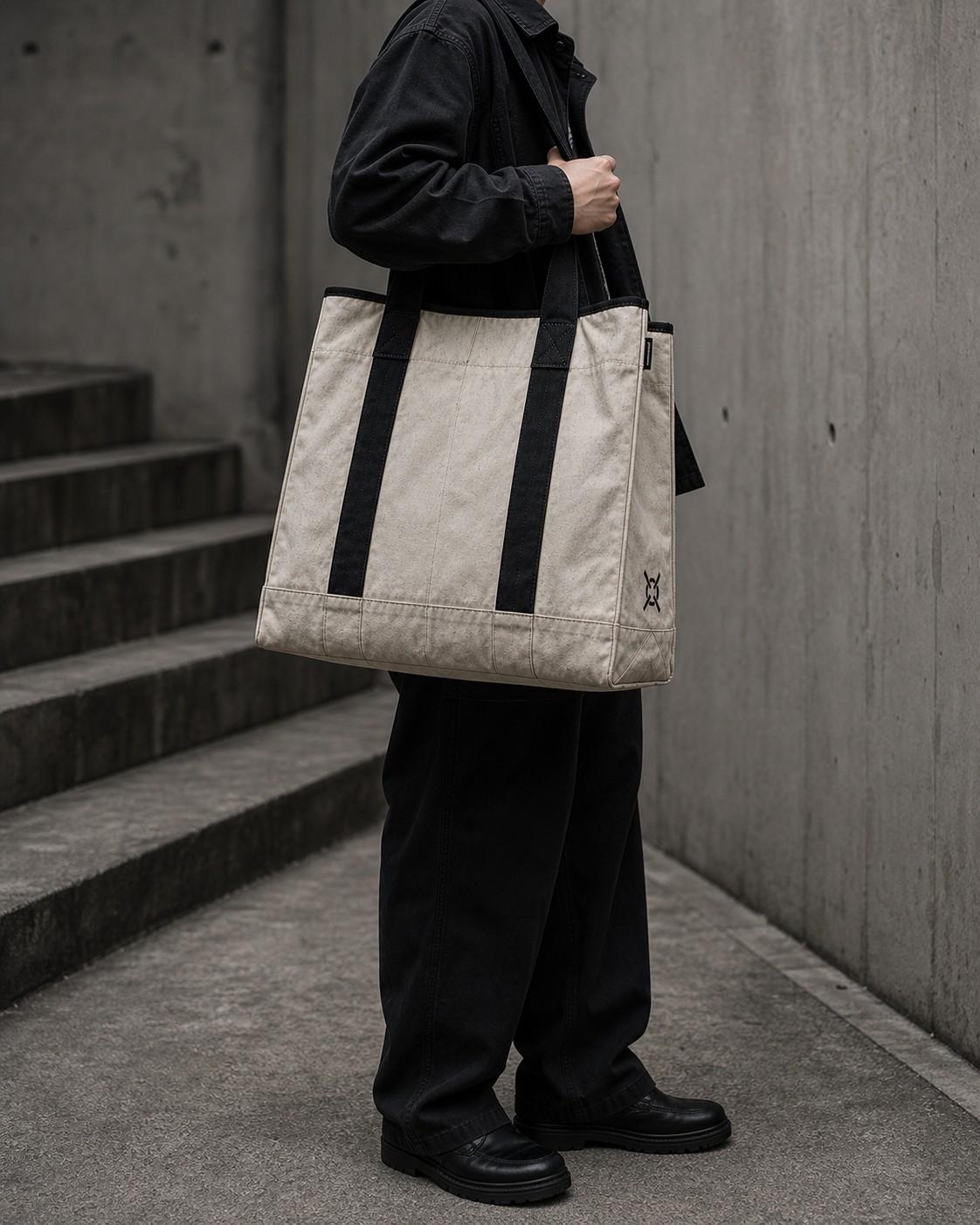 Faceless on-body development concept for the UNDERKNOT Washed Canvas Work Tote in off-white washed canvas with black webbing straps, X-box stitching and a small side knot emblem; final details may change