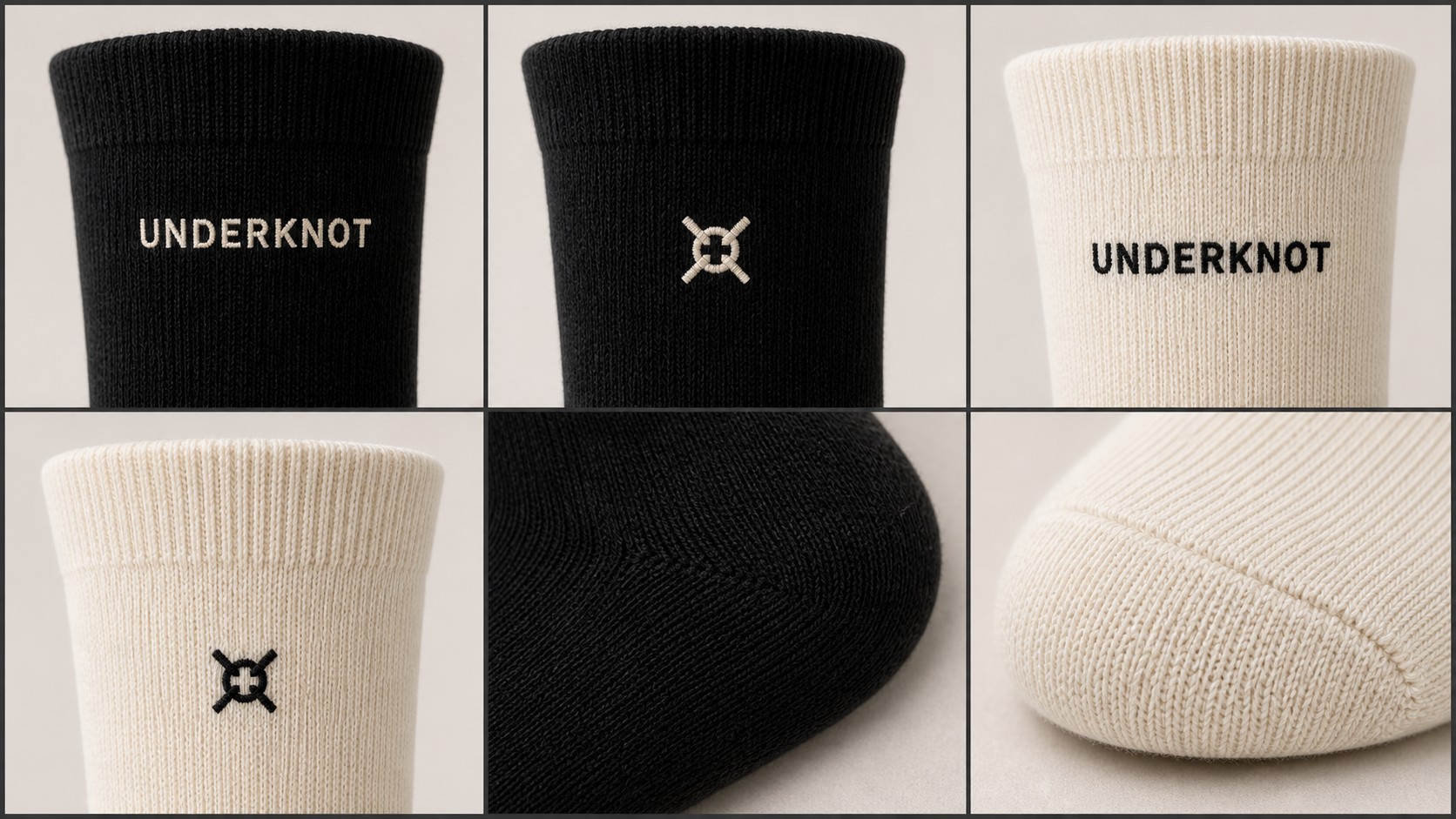Six-panel digital detail of the unisex UNDERKNOT CREW SOCKS in black and off-white, showing wordmark and knot-emblem cuff embroidery, ribbed cotton texture, reinforced heel and toe seams