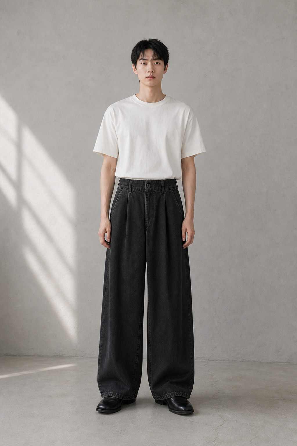 오프화이트 반팔 티셔츠를 넣어 입고 WASHED WIDE COTTON PANTS를 정면으로 착용한 동아시아 모델 디지털 콘셉트