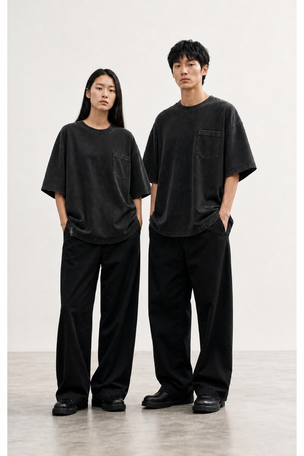 컬러 매칭 오른쪽 하단 사이드심 태그를 적용한 HEAVYWEIGHT POCKET TEE 2인 착장 디지털 콘셉트