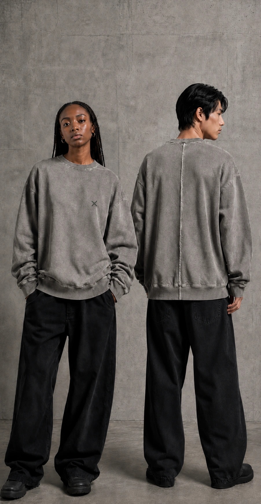 PIGMENT FADE SWEATSHIRT FADED GRAPHITE 컬러의 왼쪽 가슴 UNDERKNOT 엠블럼 자수와 사이드심 태그를 보여 주는 앞·뒤 모델 착장 디지털 콘셉트 이미지