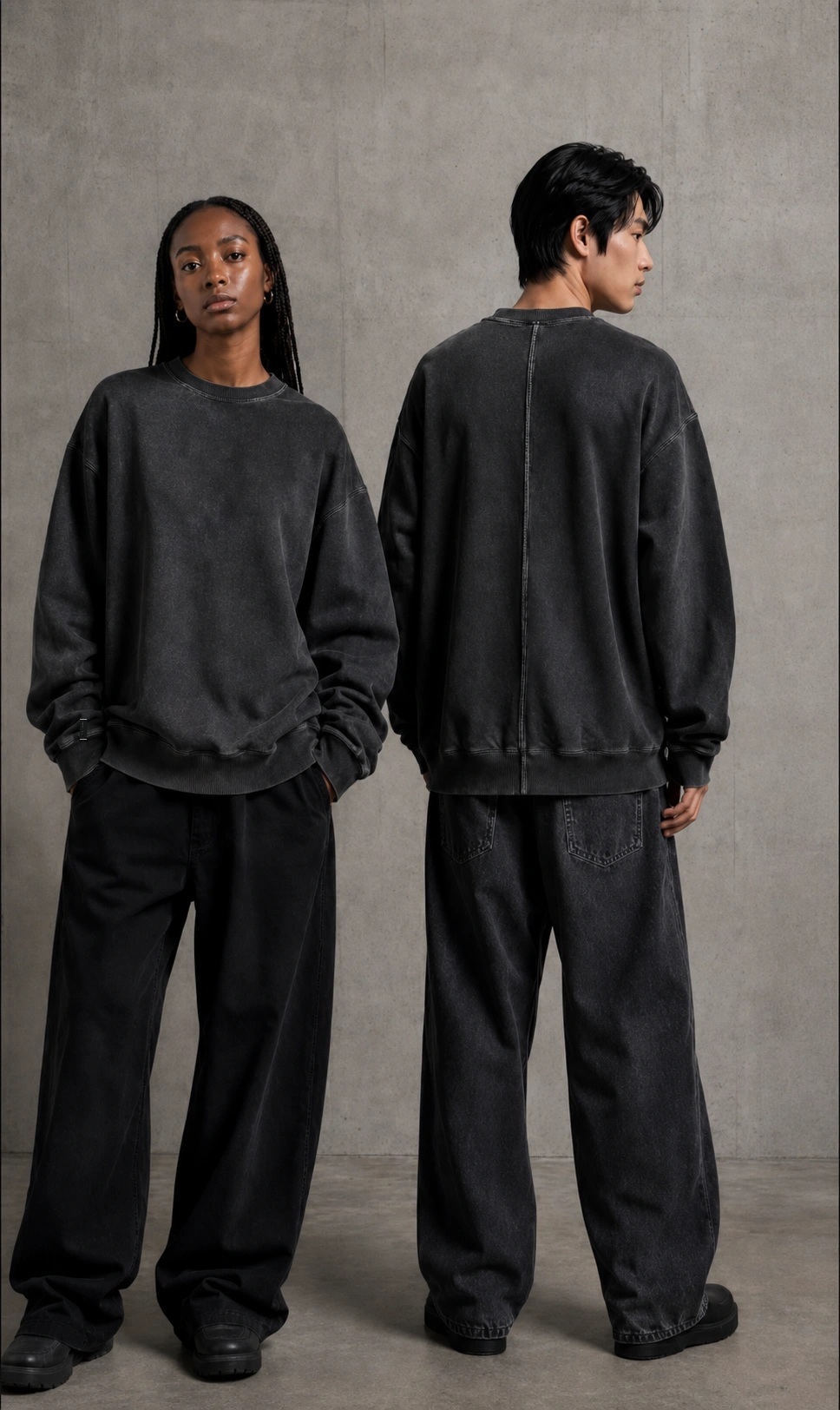 PIGMENT FADE SWEATSHIRT WASHED CHARCOAL 컬러의 왼쪽 가슴 UNDERKNOT 엠블럼 자수와 사이드심 태그를 보여 주는 앞·뒤 모델 착장 디지털 콘셉트 이미지