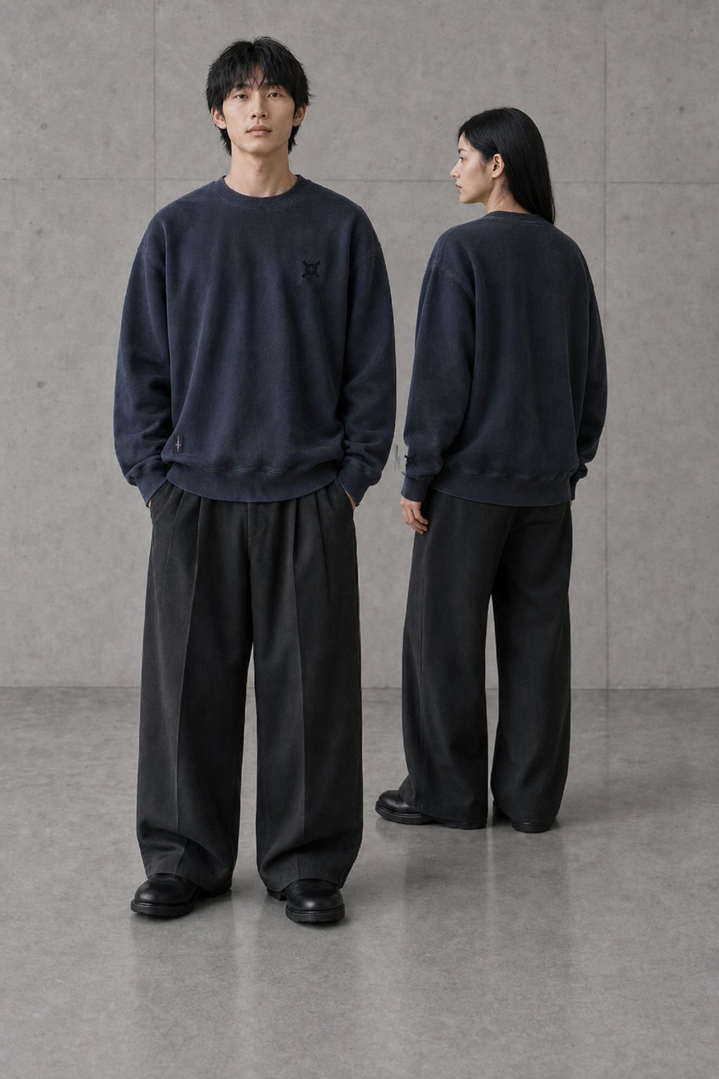 왼쪽 가슴·왼팔 뒤의 UNDERKNOT 심볼과 네이비 컬러 매칭 사이드심 태그를 보여 주는 WASHED NAVY SWEATSHIRT 2인 착장 디지털 콘셉트